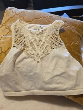 Free People Cream Crochet-Detail High-Neck Crop Top